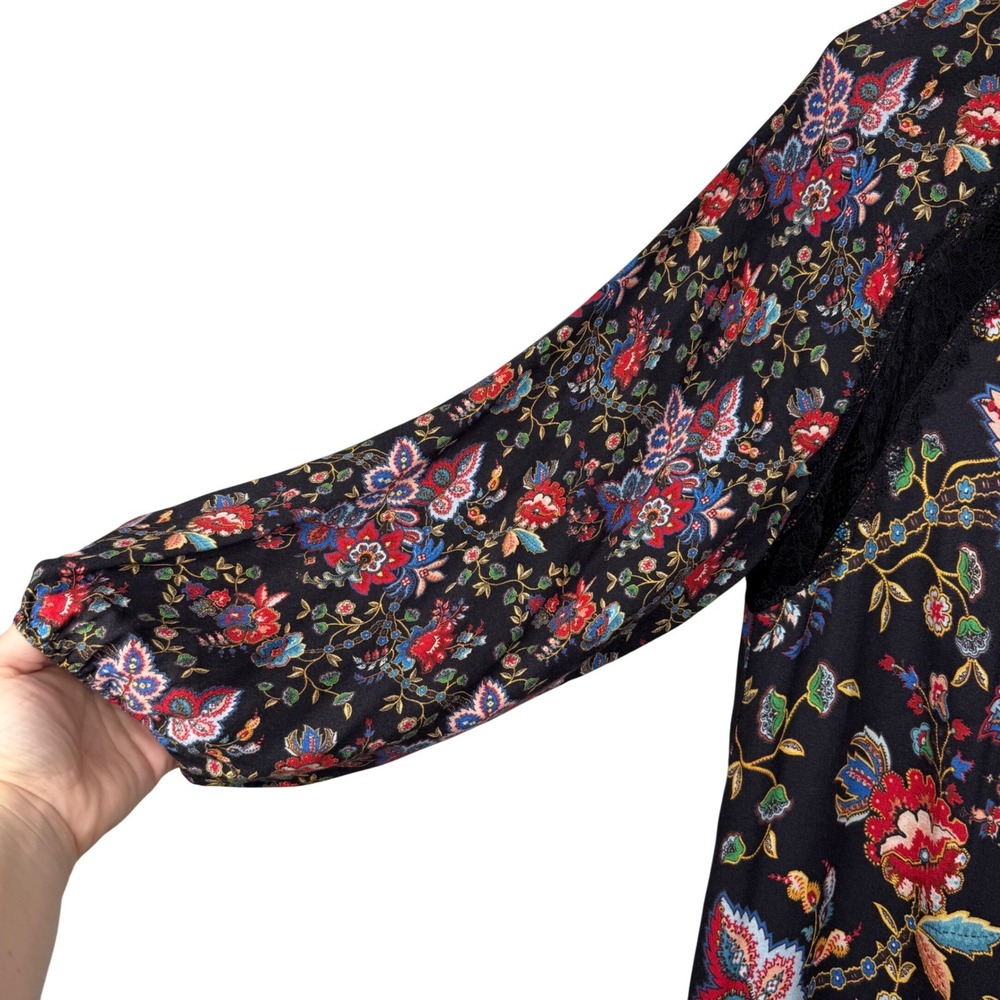 Alice + Olivia Lakita Floral Lace Trim Boho Dress Black Multicolor Tiered Large - Picture 7 of 16